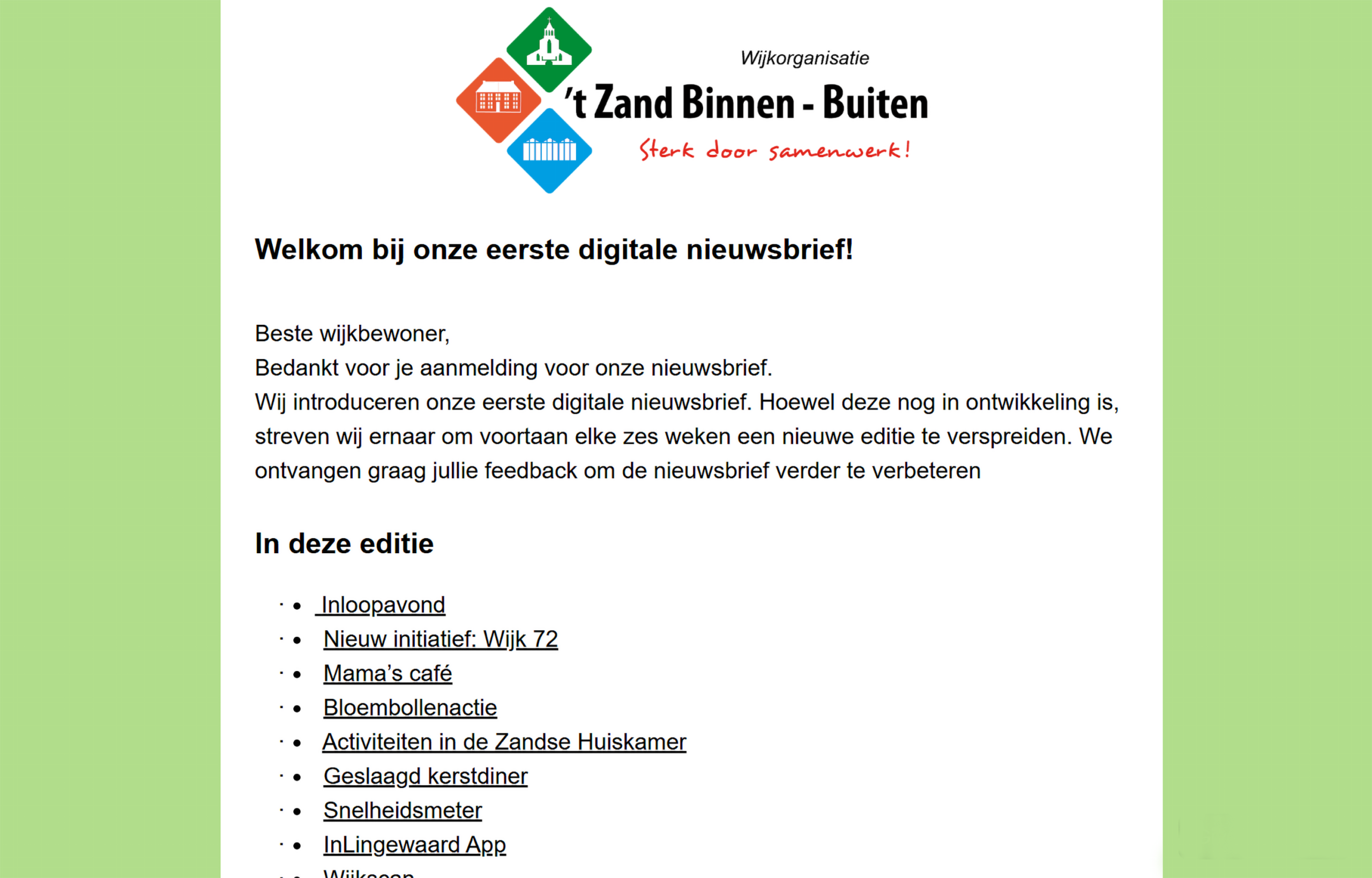 Wijkorganisatie ’t Zand Binnen – Buiten lanceert digitale nieuwsbrief en nodigt inwoners uit om mee te denken